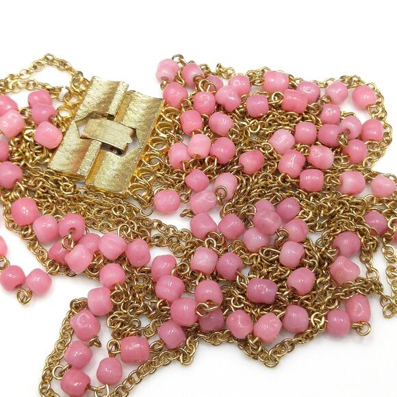 Vintage Pink Glass Multi Strand Necklace, Wide Gold Plated Clasp, 1950s - Picture 5 of 10
